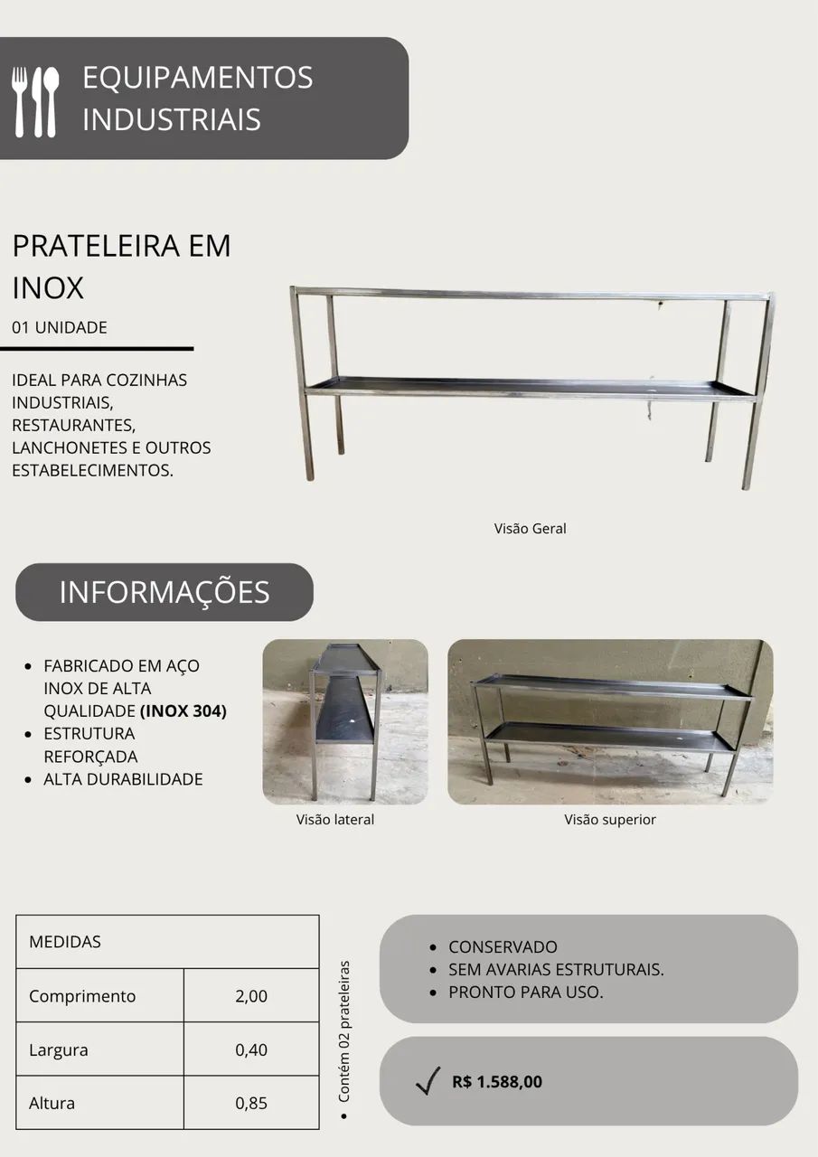 Prateleira Industrial em Inox 304 - 2m
