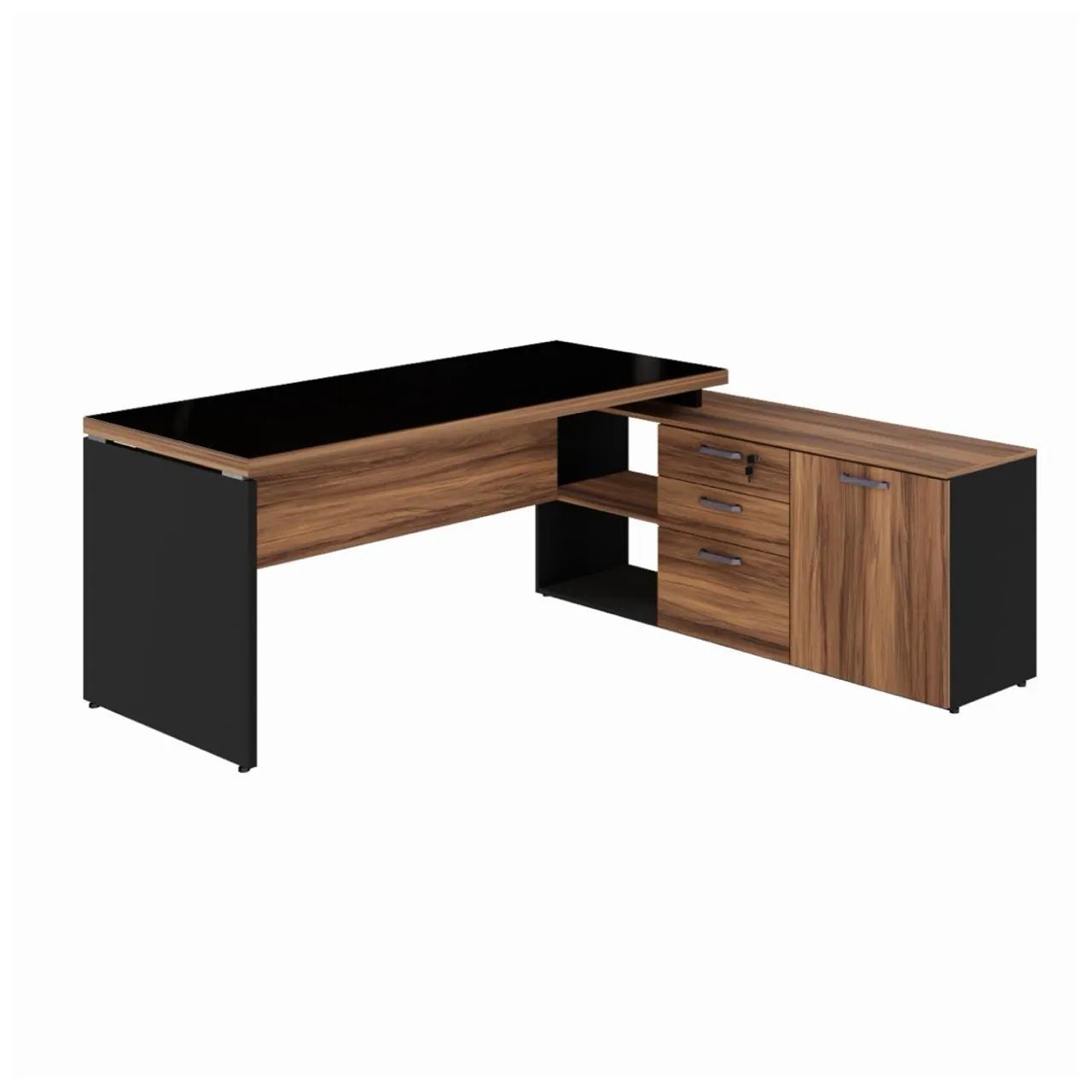 Mesa com TAMPO DE VIDRO de Escritório em L com Gavetas e Armário