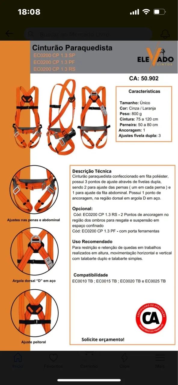 Cinto paraquedista 1 ancoragem E 3 ajustes + talabarte Epi único laranja  - Foto 2