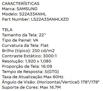 Monitor Samsung 22? 64169993453443122