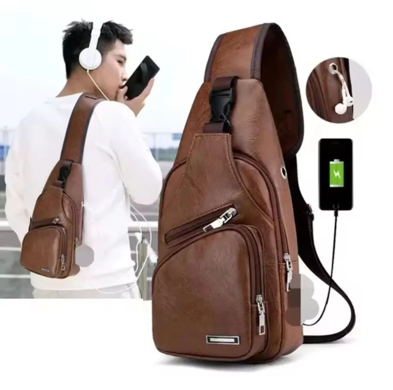 Mochila Transversal com Carregador USB e Fone Integrado - Foto 5