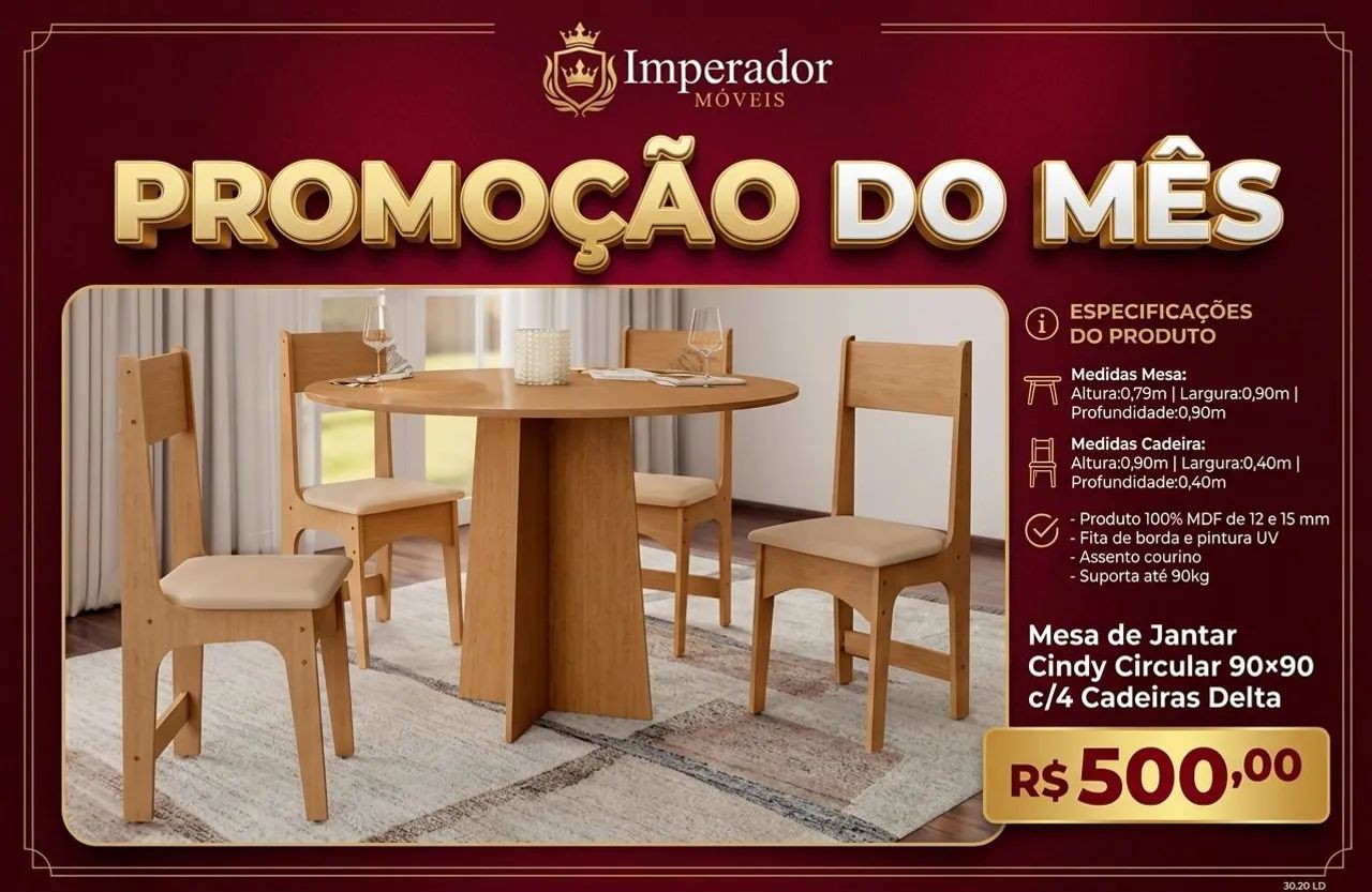 Mesa com tampo circular com 4 cadeiras