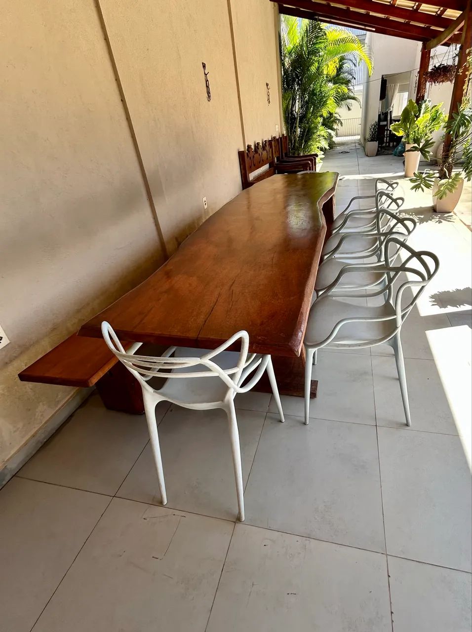 Mesa de Madeira Maciça 3m com Banco e 6 Cadeiras