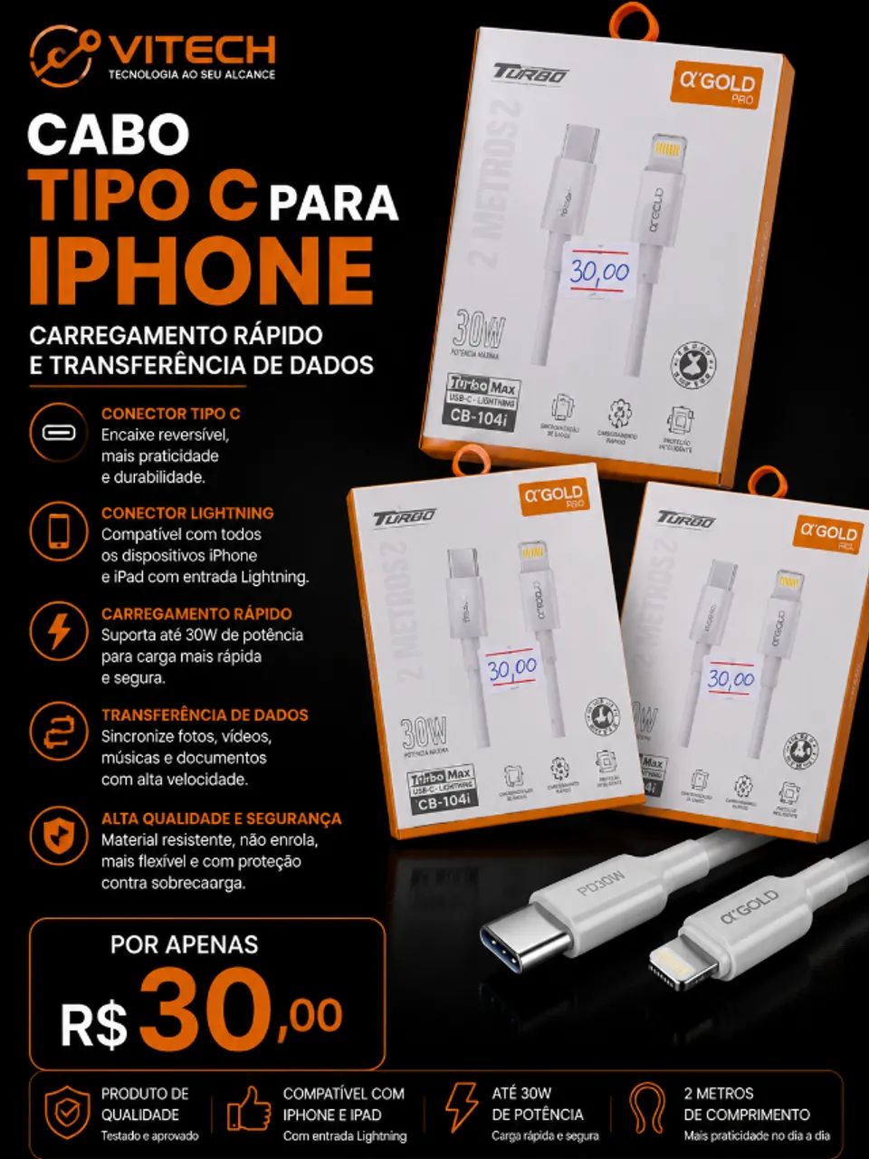 Cabo USB-C para iPhone 2 Metros 30W