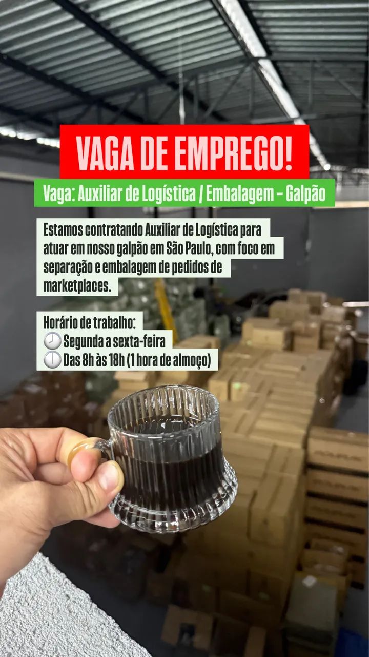 Vaga de emprego auxiliar de logística, embalar,  separad