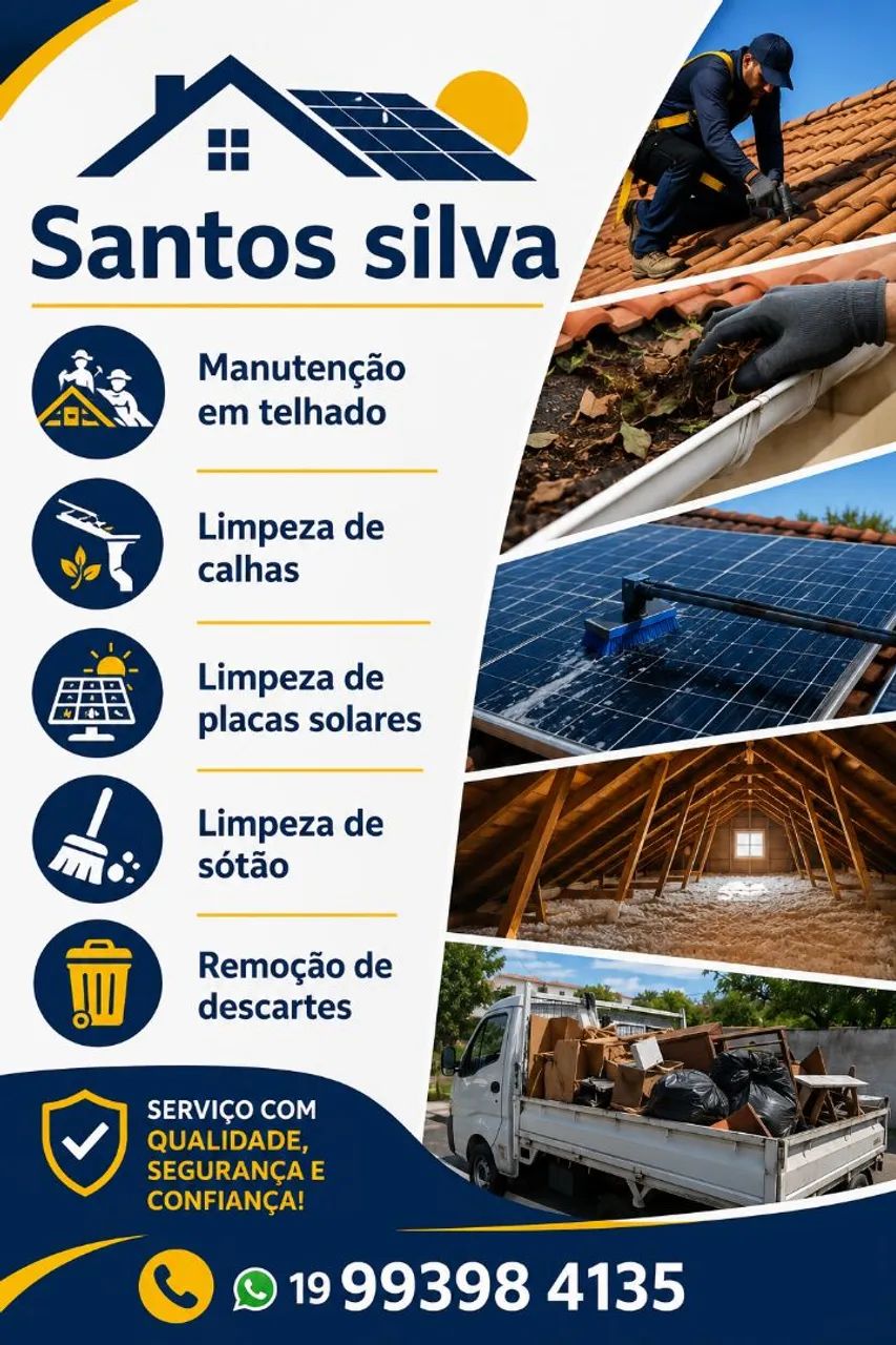 Manutenção em telhado, limpeza de calhas, 