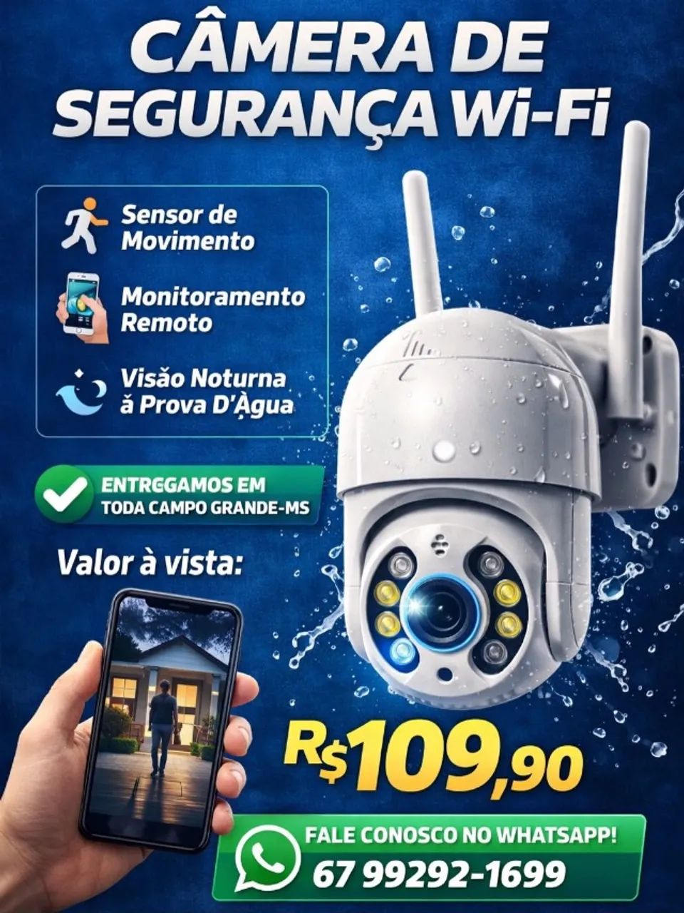 Câmera Wi-Fi ip de segurança interna e externa com visão noturna e sensor de movimento 