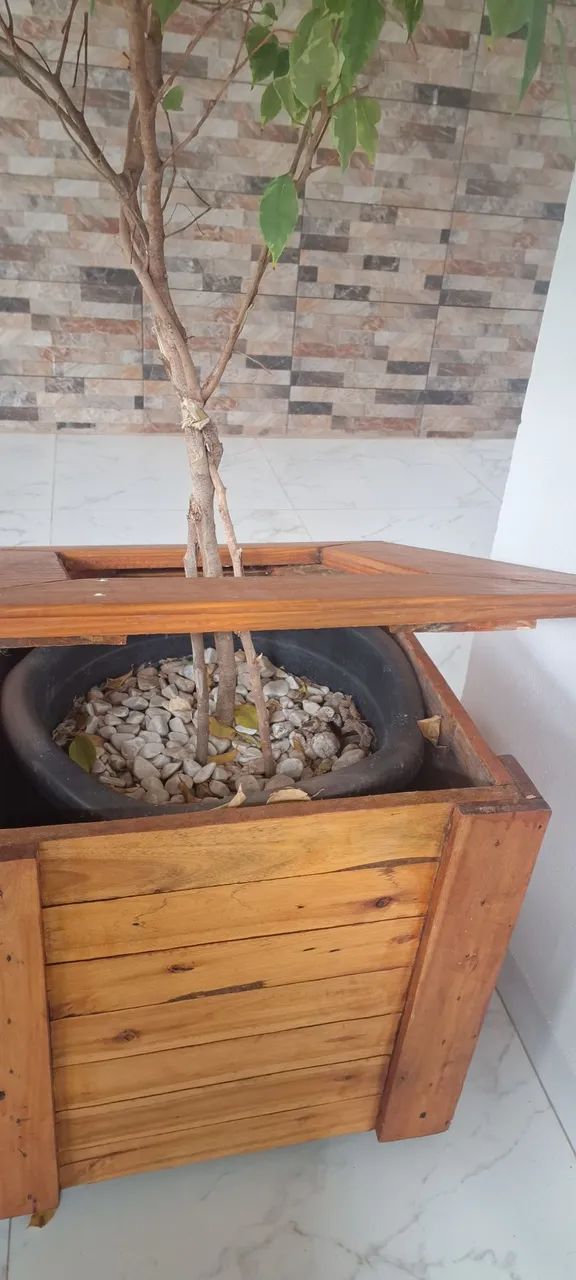 Cachepô de madeira com vaso e árvore. - Foto 3