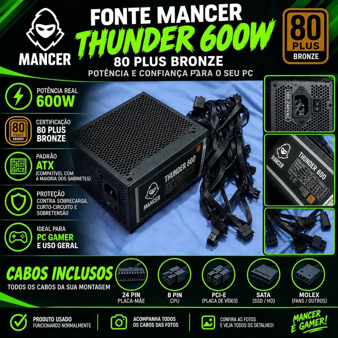 FONTE MANCER THUNDER 600W 80 PLUS BRONZE | USADA E FUNCIONANDO