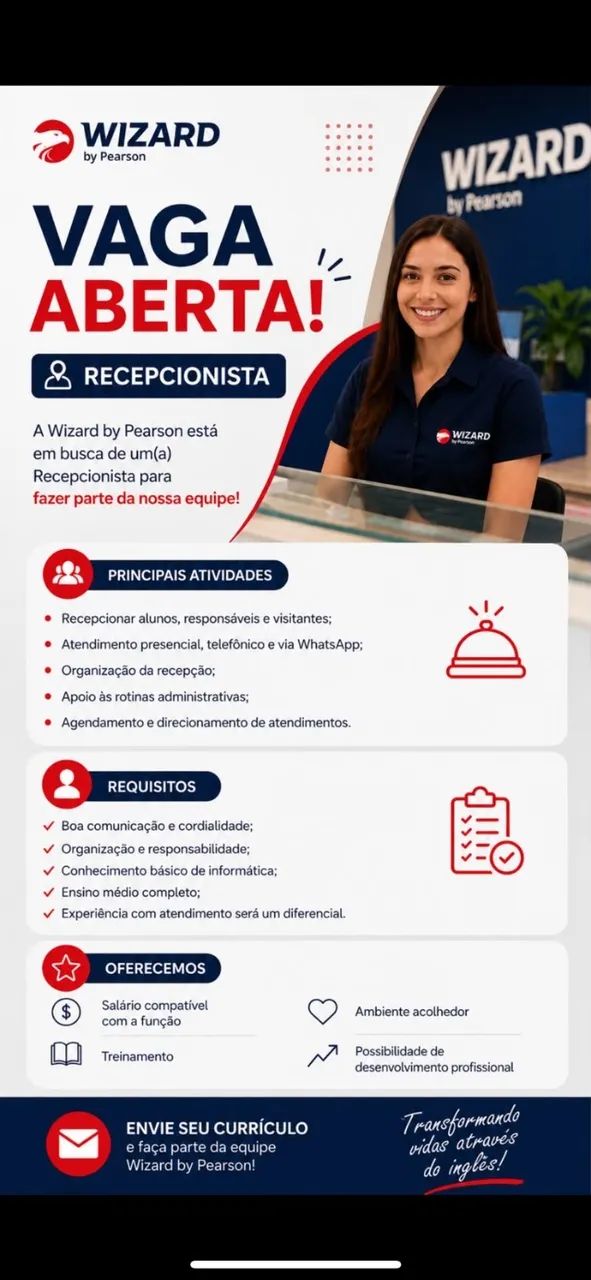 Wizard Sudoeste contrata Recepcionista e Consultor(a) Comercial