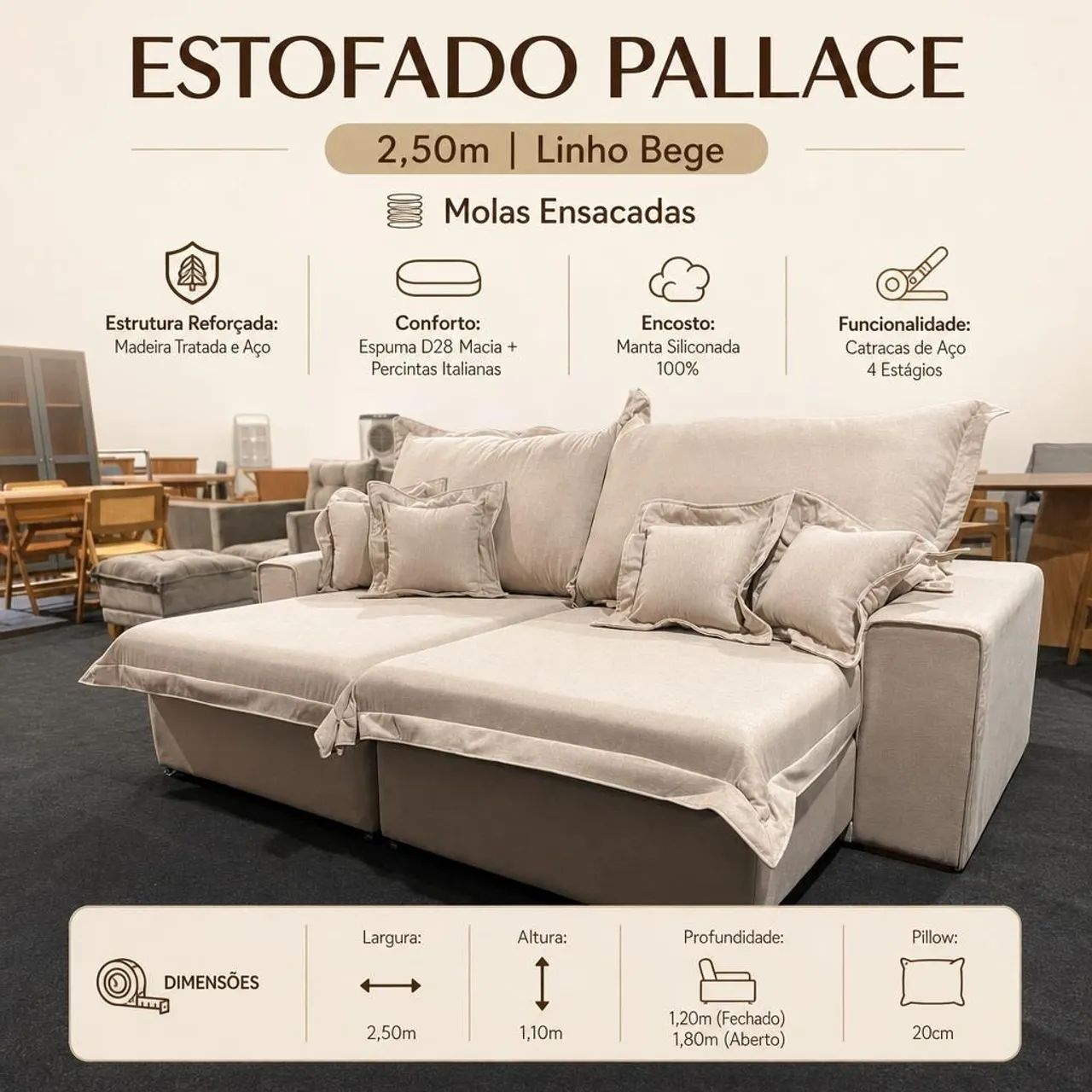Sofá Retrátil Reclinável 2.90cm tecido linho