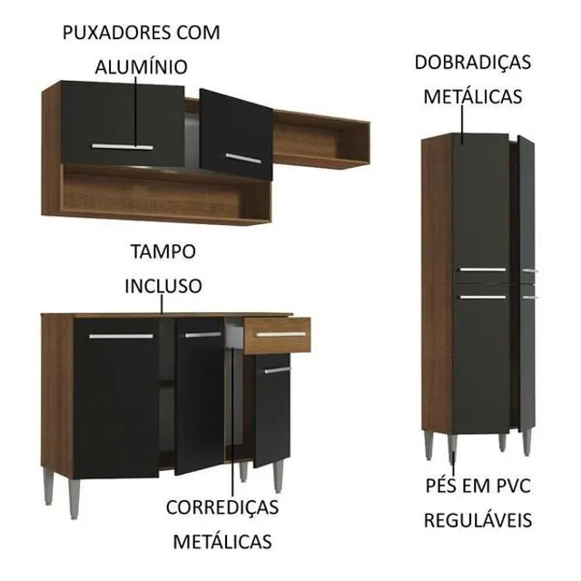 Cozinha Completa Compacta Antonela 245 Cm Balcão Pia Armário Forno