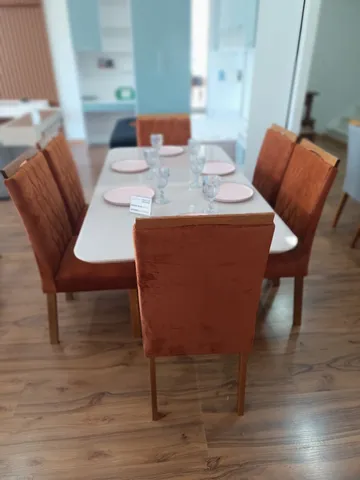 Mesa ripado 1,70x0,90 com 6 cadeiras em veludo madeira maciça