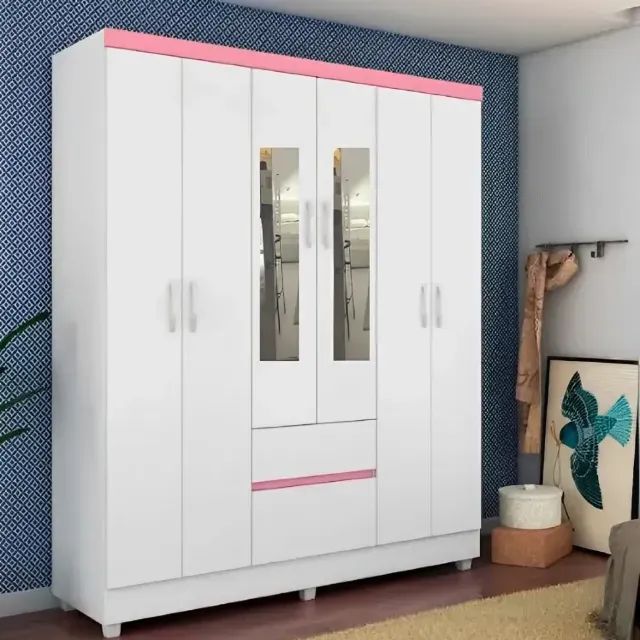 Promoção Guarda Roupa Flash com Espelho Branco/Rosa