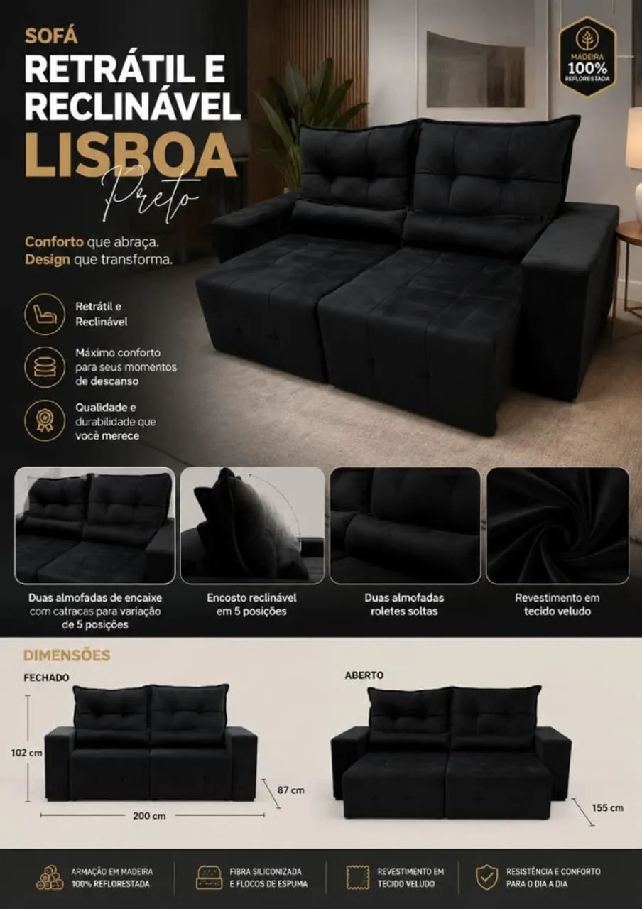 Sofá Retratil e reclinavel supremo veludo preto