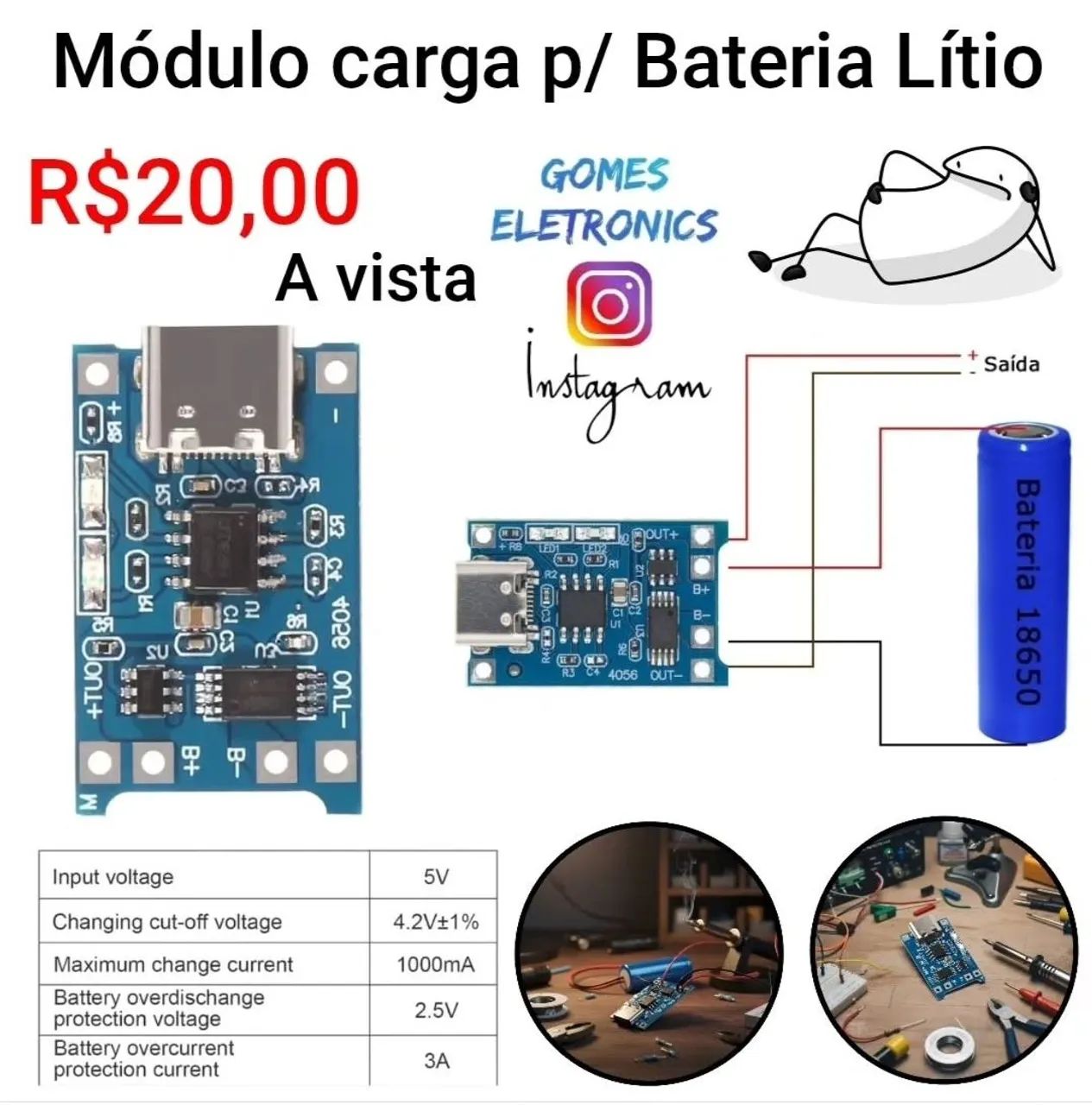 Placa modulo para Bateria Lítio com Proteção - Usb C 5v (Loja Fisica)