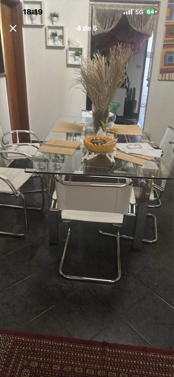 Mesa 6 lugares cadeiras de couro branco e vidro inox  - Foto 5