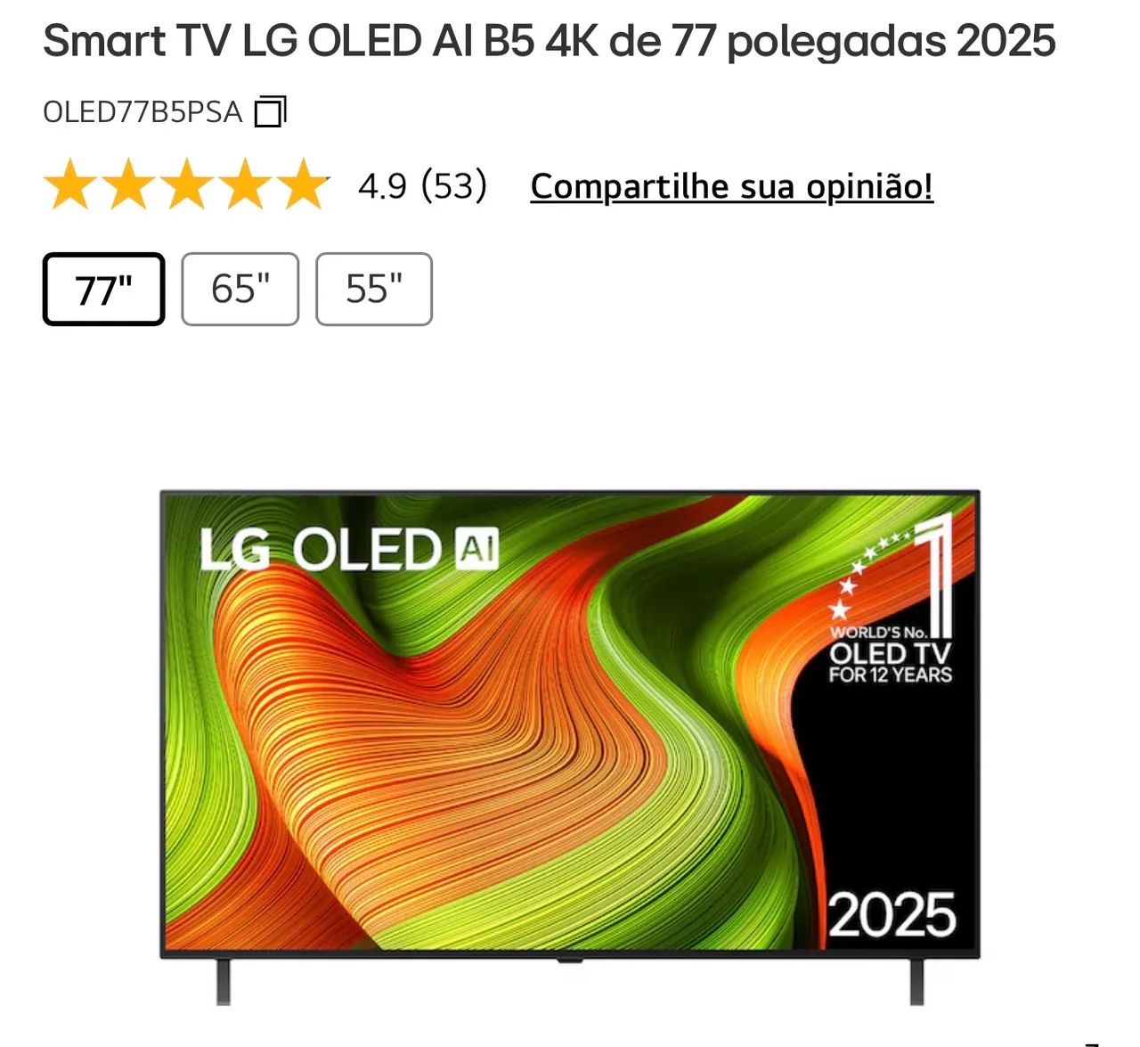 Smart TV 4K 77" LG OLED OLED77B5
