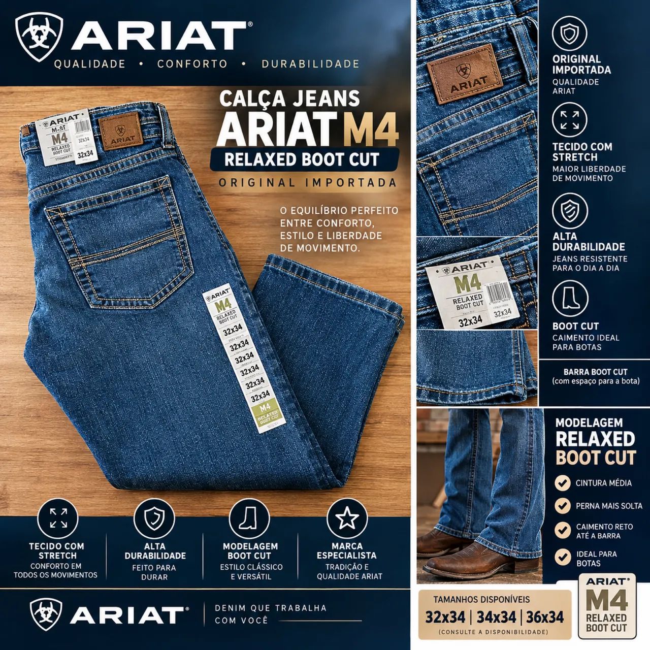 Calça Jeans Ariat M4 Relaxed Boot Cut Original Importada Masculina