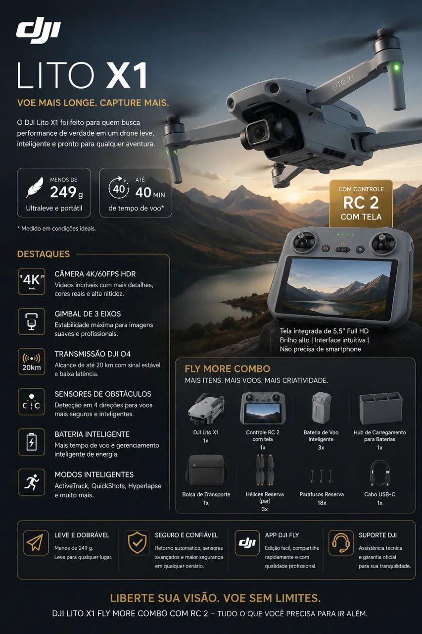 Drone DJI Lito X1 - Fly More Combo controle com tela RC2 - Foto 2