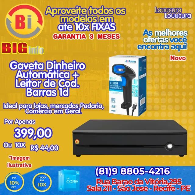  Gaveta De Dinheiro Com Chave + Leitor De Qr-code 1d Com Usb- Em ate 10x Fixas 