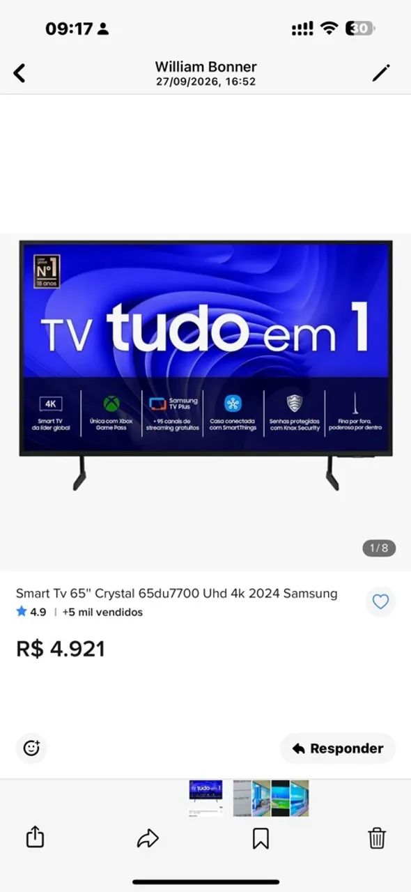 TV Samsung 65" Crystal 65DU7700 UHD 4k