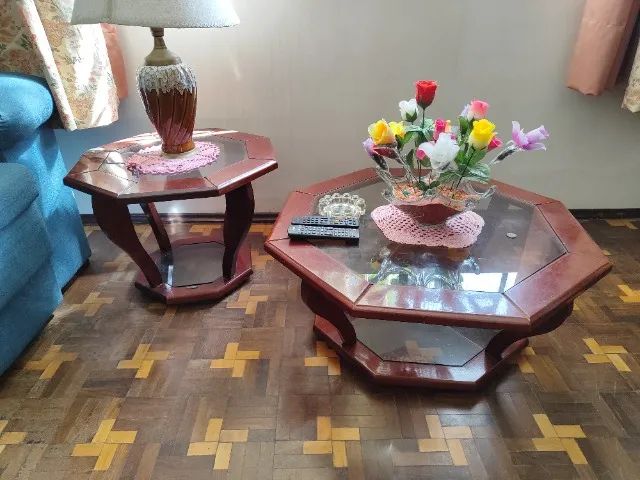 Conjunto de Mesas de Sala em Madeira e Vidro (Octogonal)