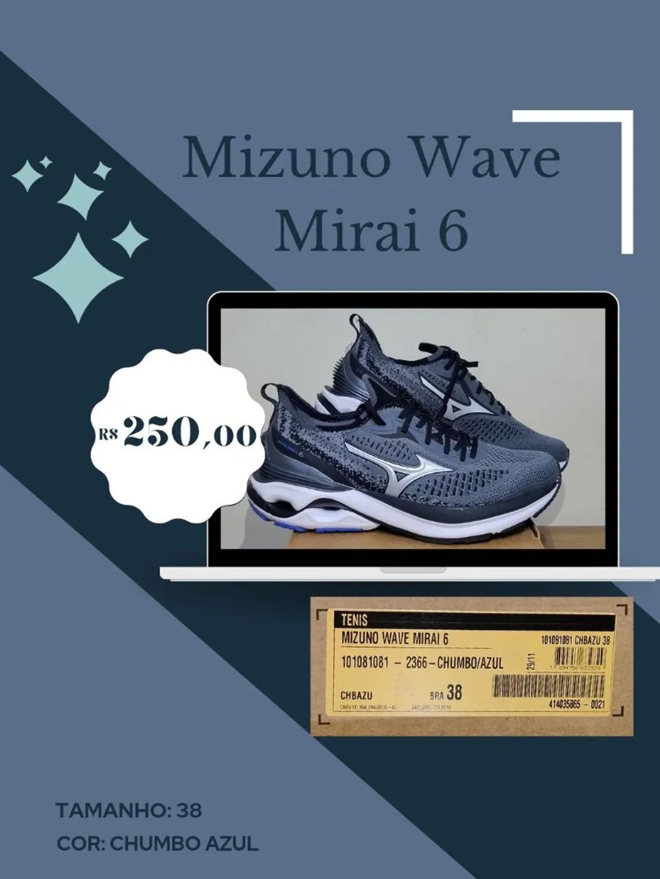 Mizuno Wave Mirai 6 - Chumbo/Azul - Calçados - Centro, Belo