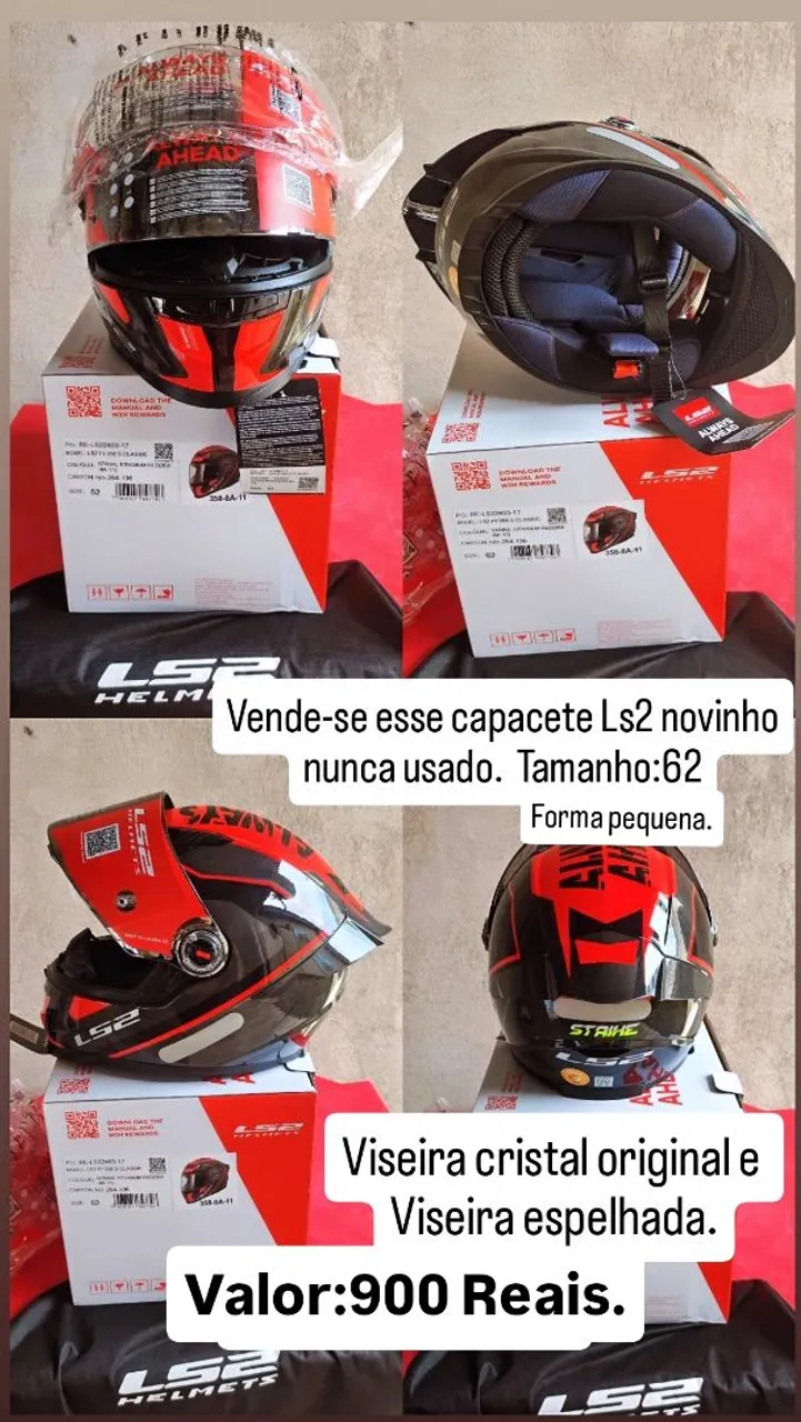 Capacete LS2 novinho com viseiras cristal e espelhada - Tamanho 62
