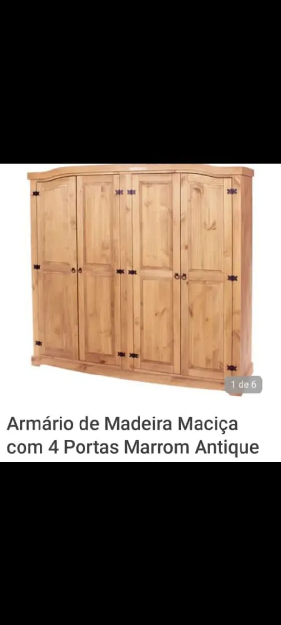 Armário de Madeira Maciça 4 Portas Marrom Antigo, e mesa de cabeceira.