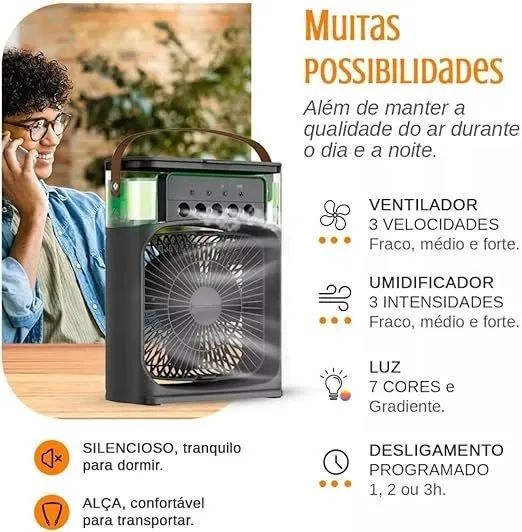 Ventilador portátil 3 em 1 com mini ar condicionado, umidificador e climatizador com LED,