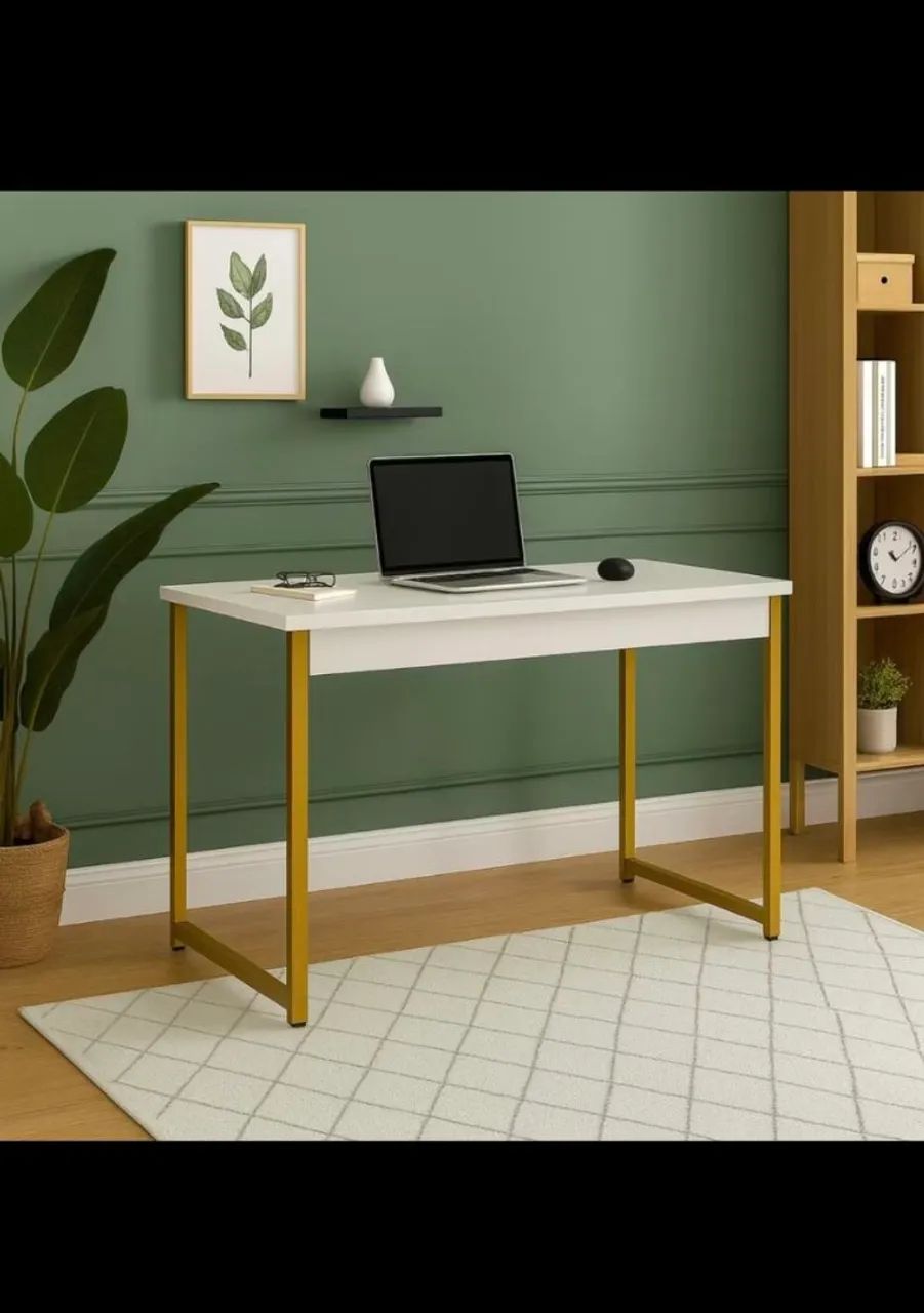 Mesa escrivaninha moderna (Branco com pés dourados)