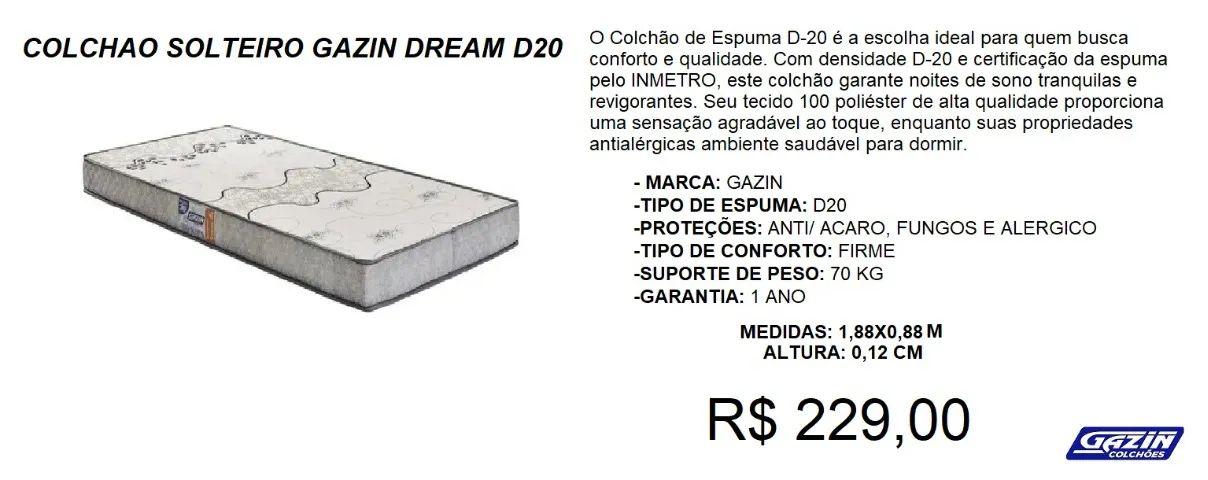 Colchão D20-  gazin - compre hoje e receba em até 72 horas 