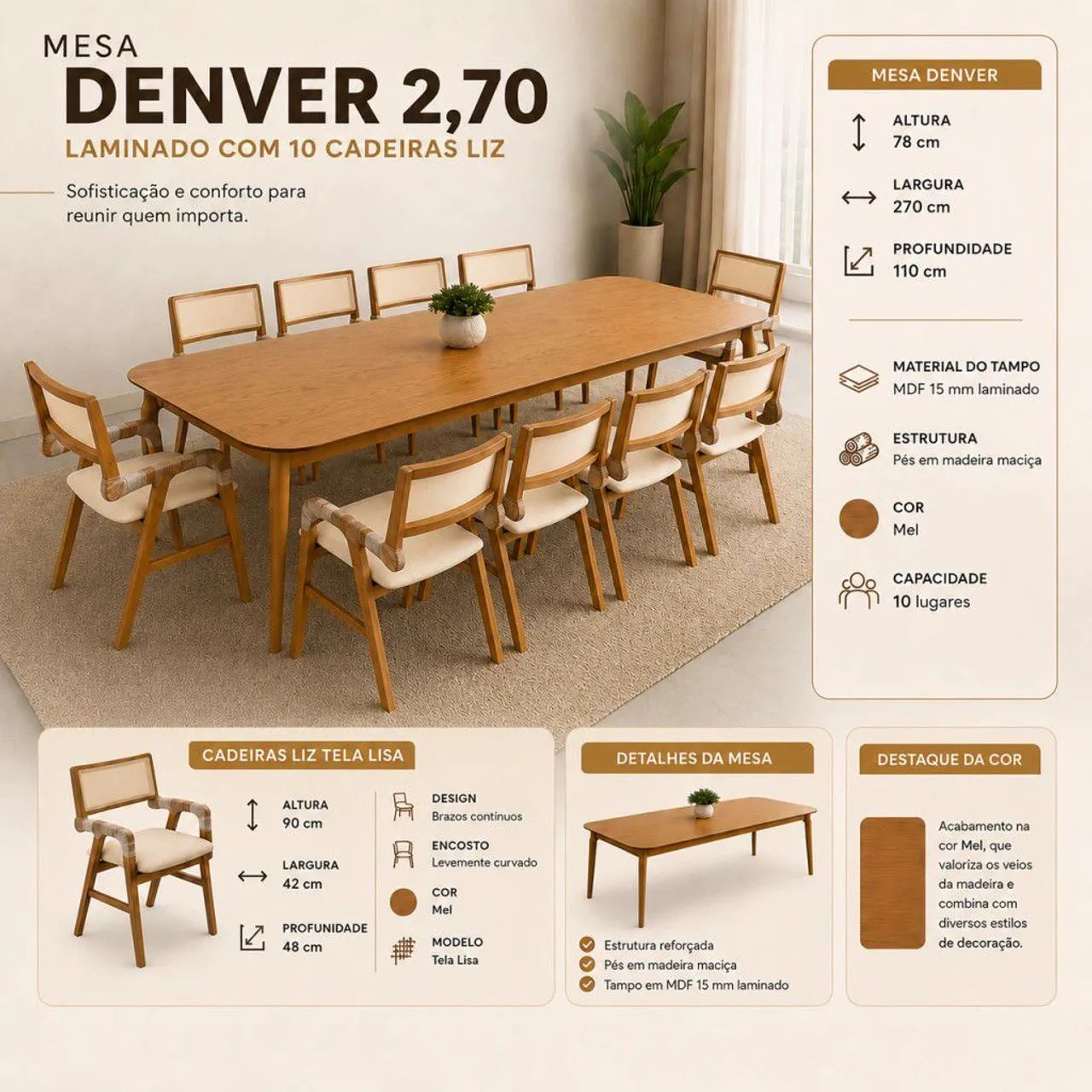 Mesa de Jantar de 2.70x1.10m com 10 cadeiras 