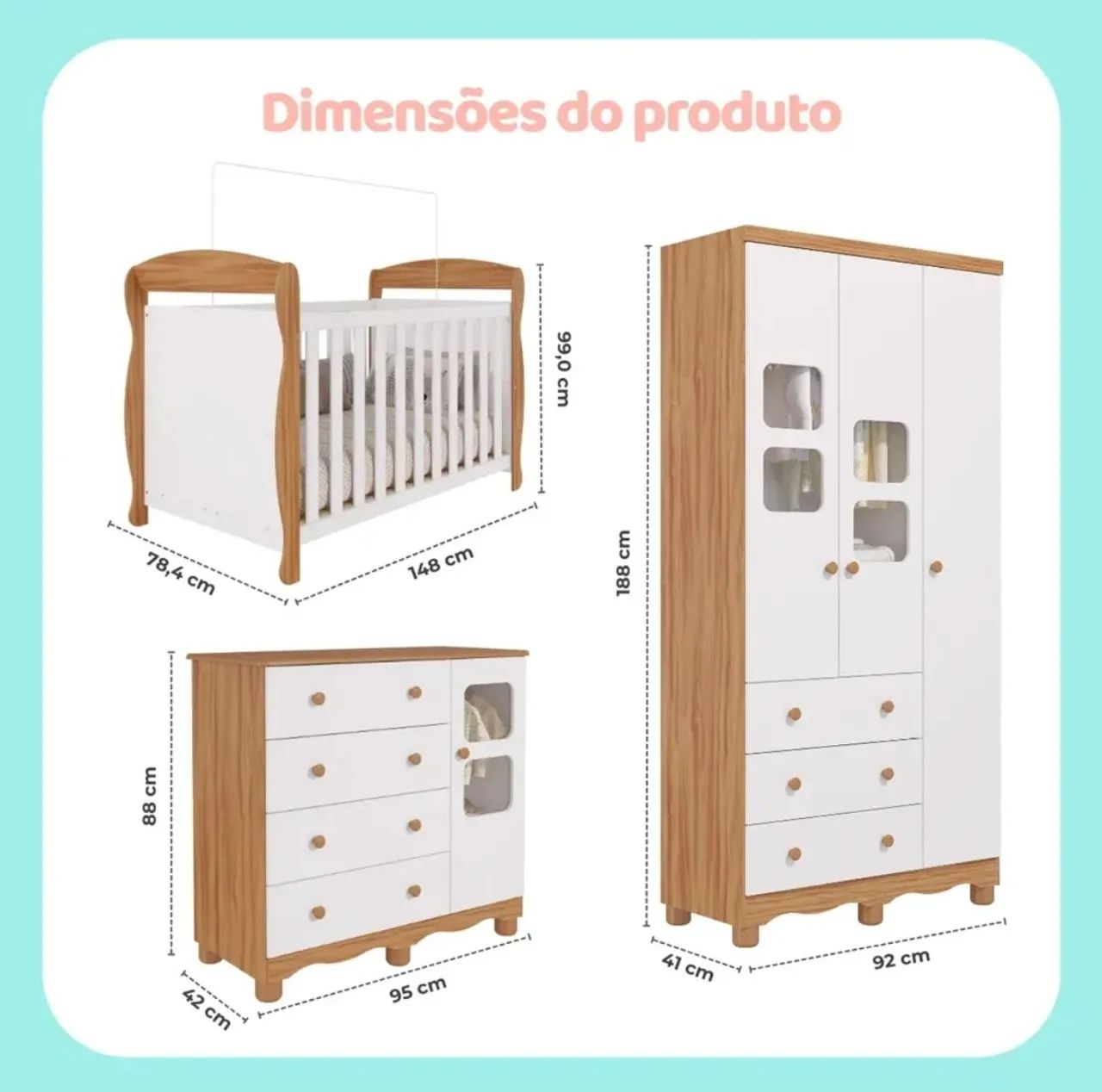 Quarto de bebê americano marquesa completo berço+cômoda+guarda roupas 