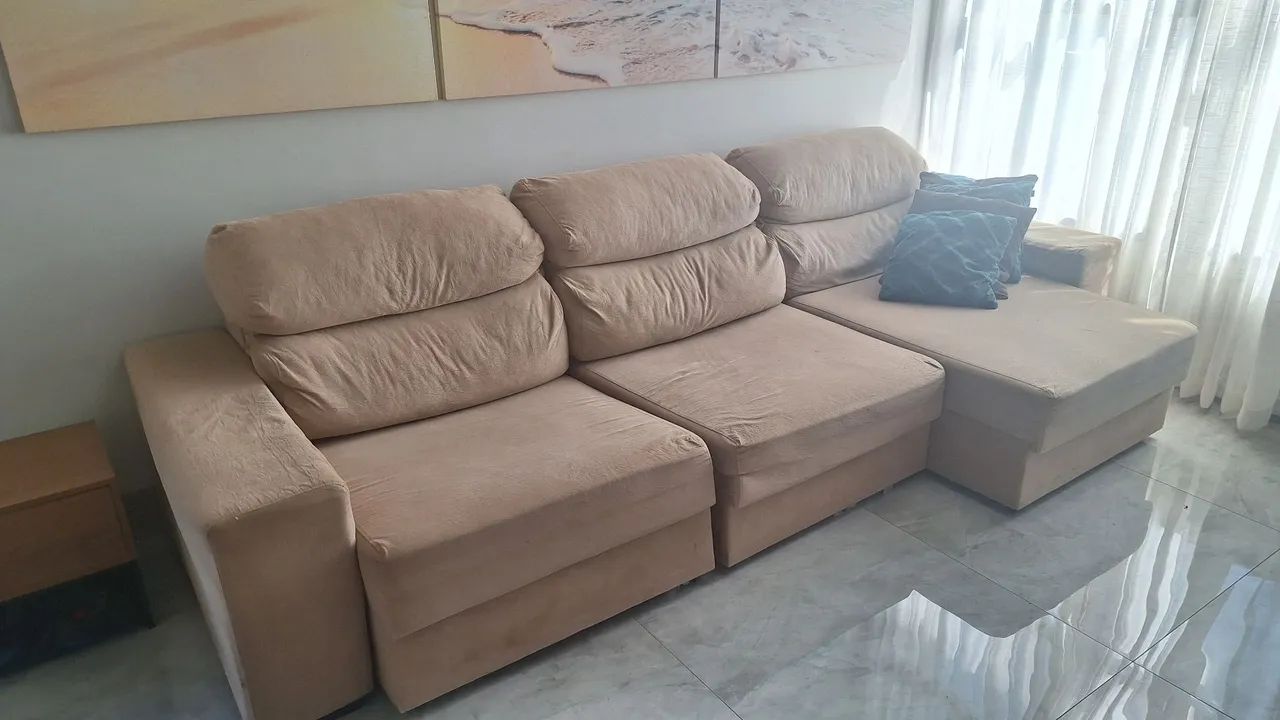 Sofá 3 Lugares Retrátil Reclinável Bege