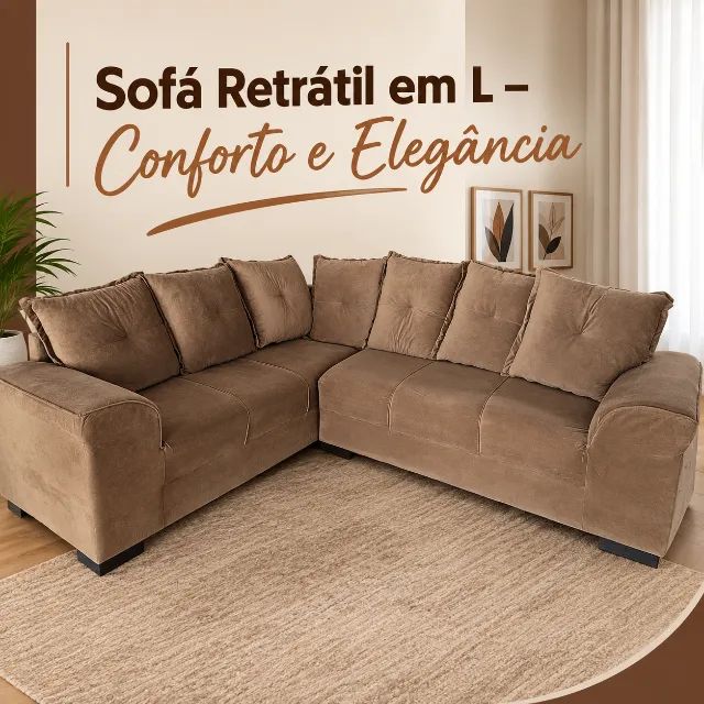 Sofá Retratil em L na Cor Bege - Em Ótimo Estado 