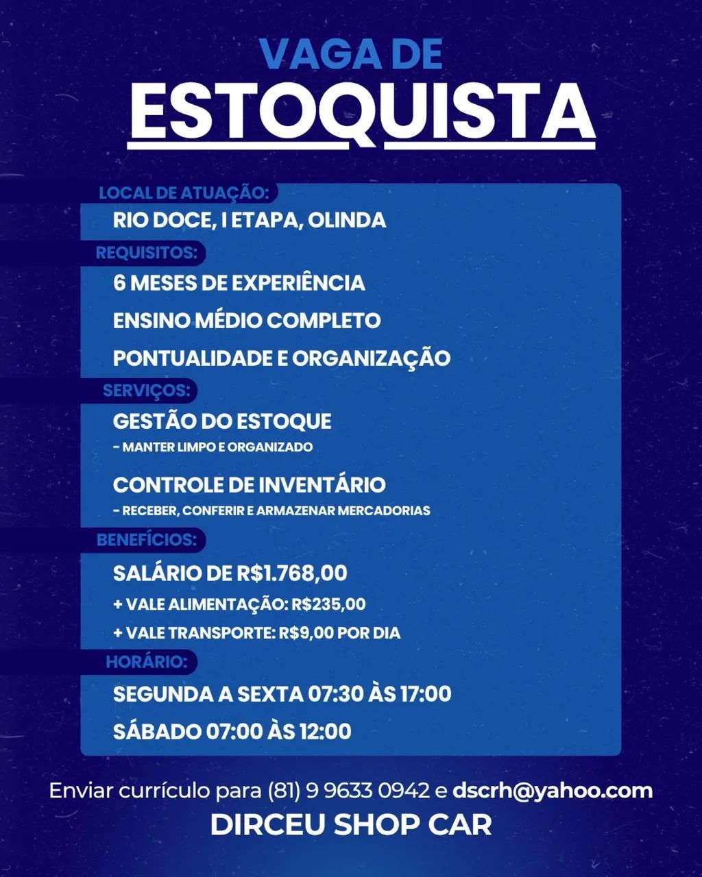 Vaga Emprego Estoquista Autopeças
