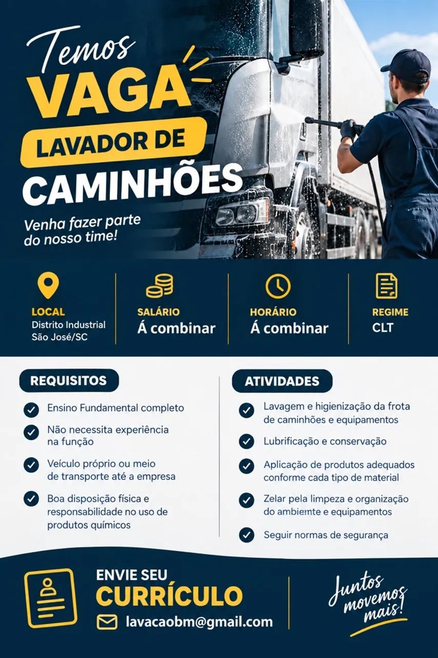 VAGA DE EMPREGO LAVADOR DE CAMINHÕES