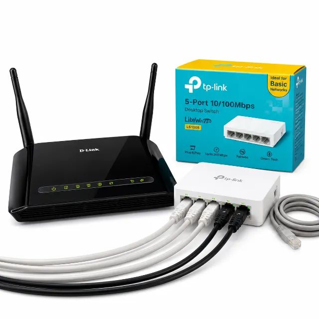 Kit Rede D-Link N300 + Switch TP-Link 5 Portas + Fonte e Cabos