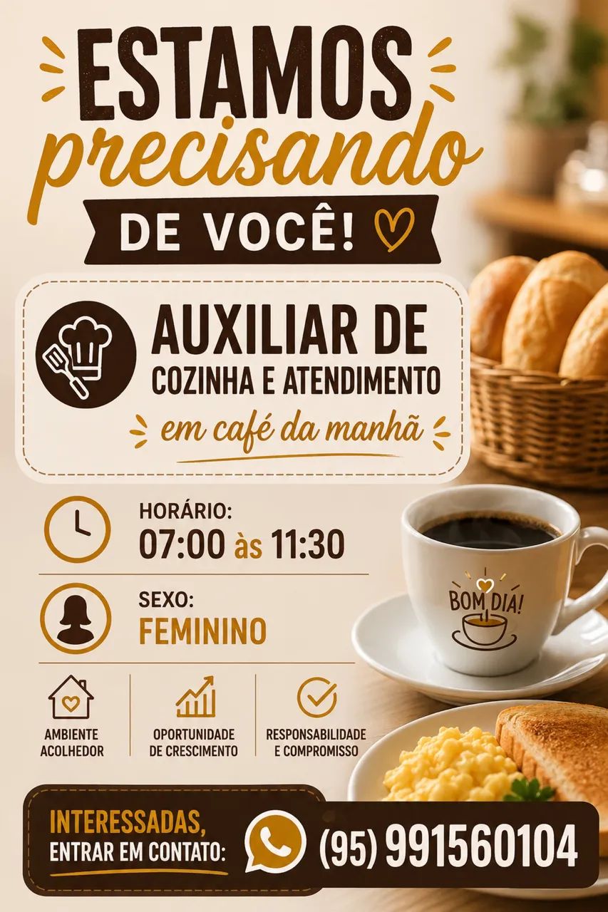 Vaga para auxiliar de cozinha e atendimento 