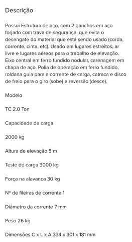 Talha Manual De Corrente Menegotti 2 Toneladas 5 Metros - Foto 2