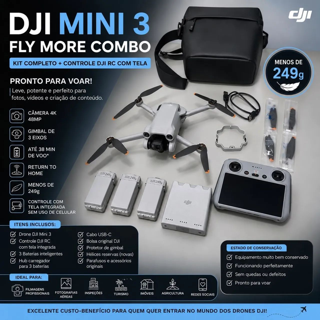 Drone DJI Mini 3 combo fly more controle com tela