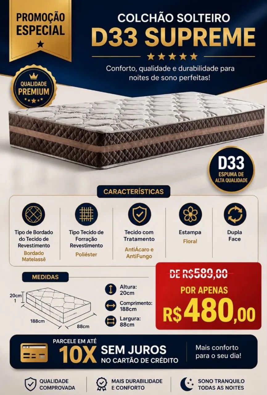 Colchão de solteiro d33 novo de fabrica