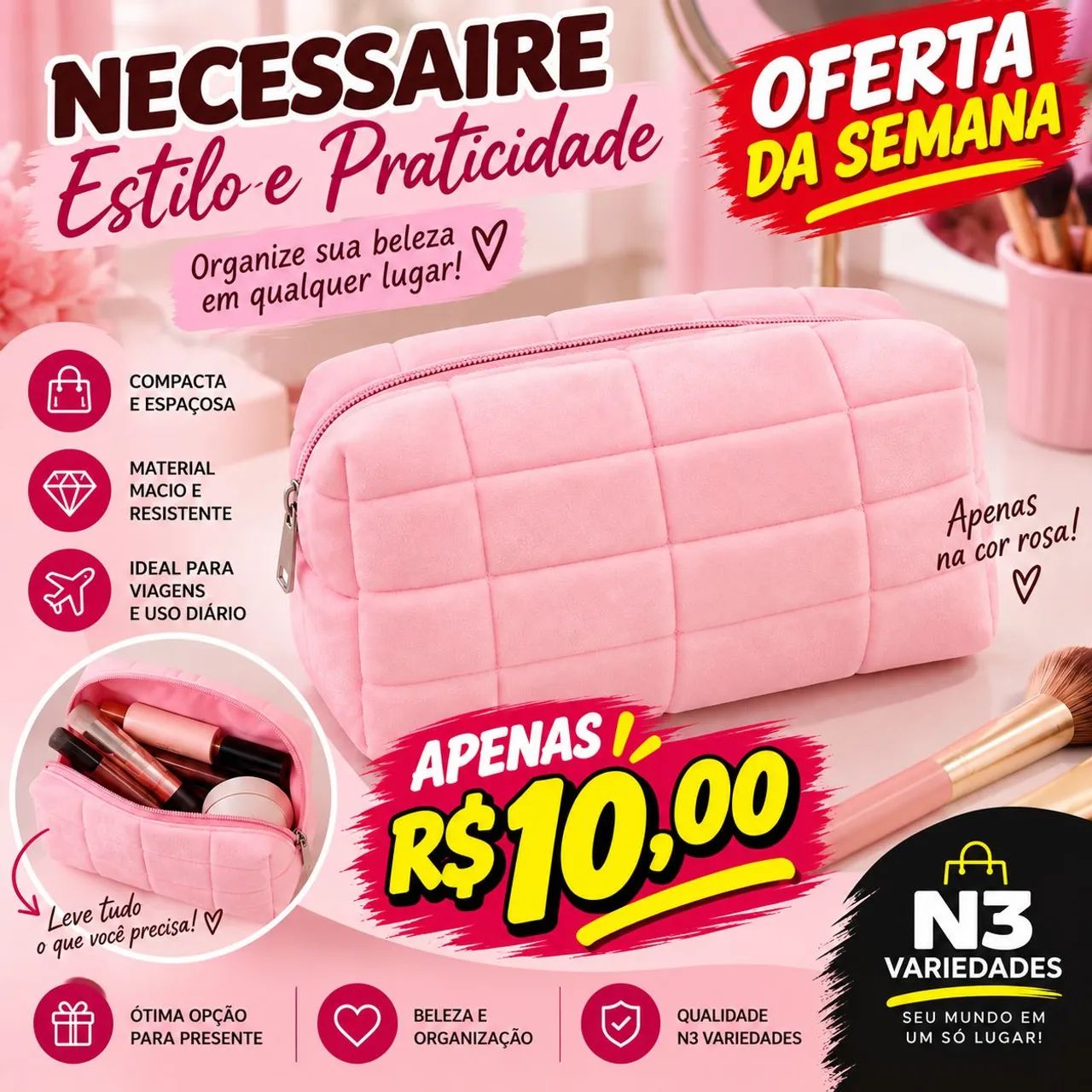 Nécessaire Acolchoada Rosa 