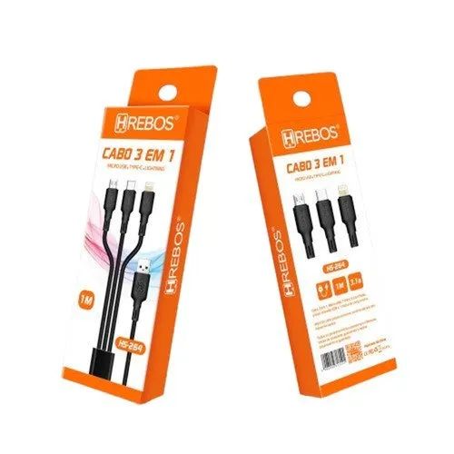 Cabo 3 em 1 Turbo Usb x Micro Usb / Tipo C / Lighting preto - 1 metro