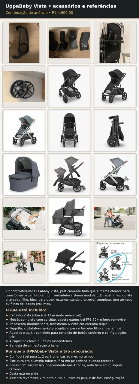 Carrinho de bebê múltiplo completo - UppaBaby Vista - Foto 6