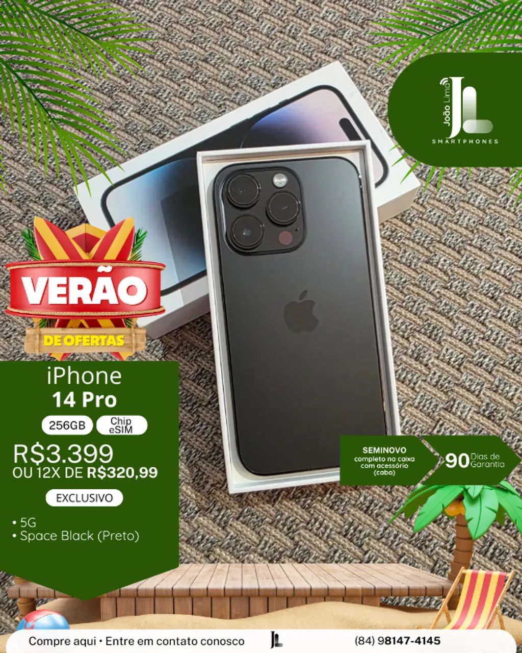 IPHONE 14 PRO, 256GB, CHIP ESIM, SPACE BLACK, SEMINOVO, EXCLUSIVO