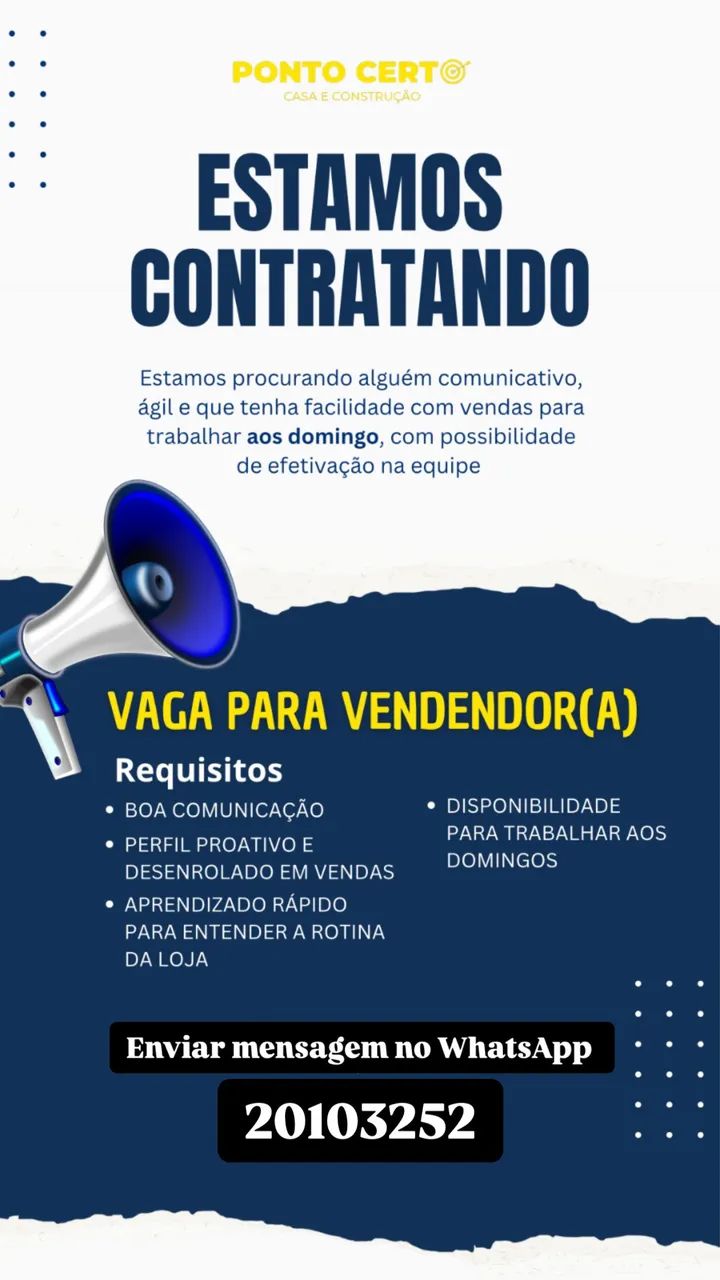 Vaga para auxiliar de vendas