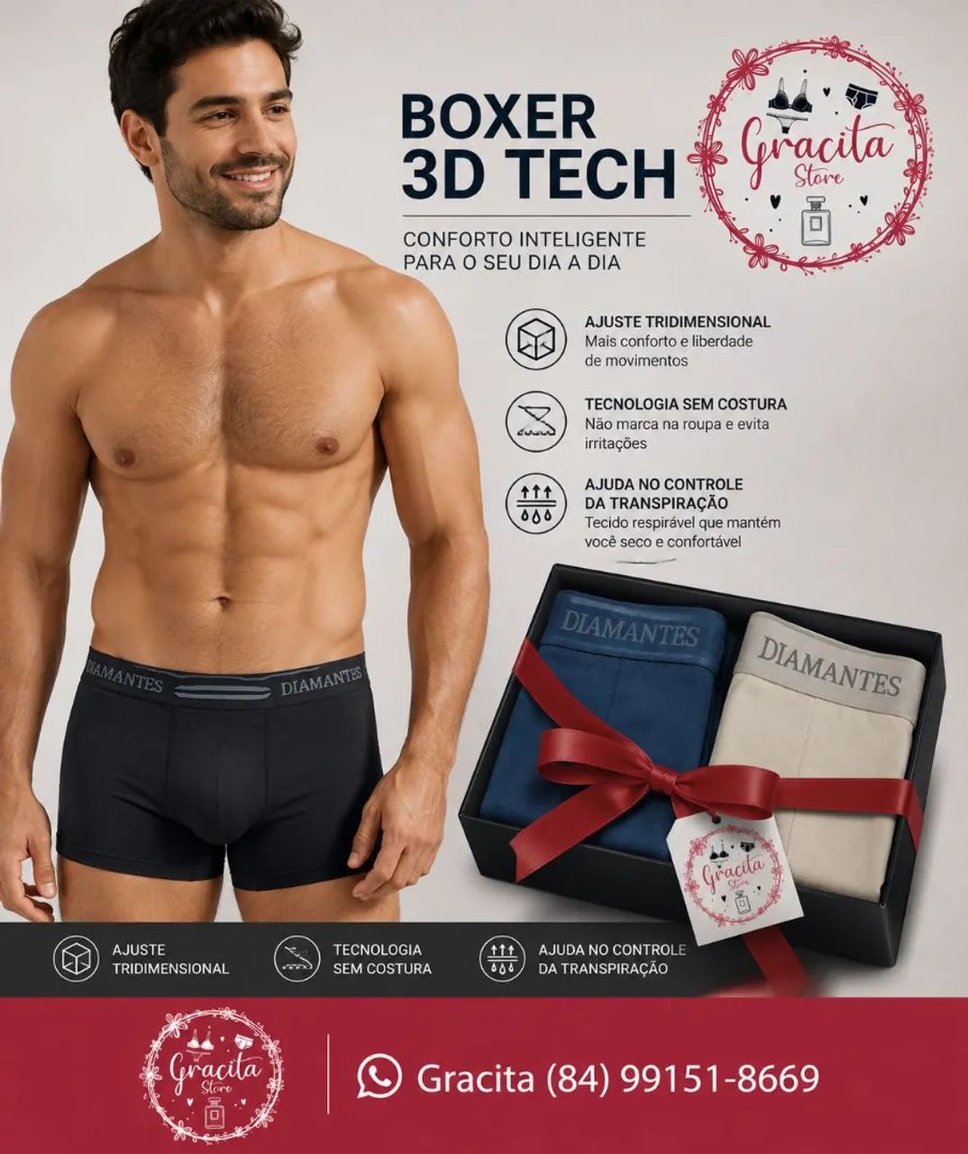 Kit Com 3 Cuecas  Boxer 3D Tech Diamantes Lingerie 